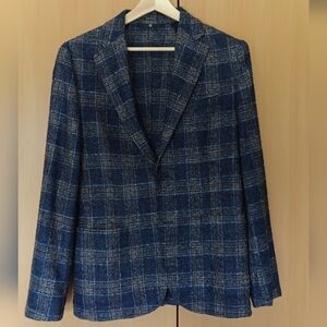 Massimo Dutti Blue Check Textured Wool Silk Blazer Size 40 Pre-owned